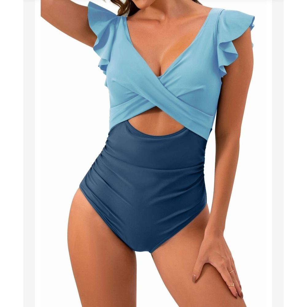 B2PRITY Blue Ruffle One Piece Swimsuit Ruched Tummy Control Cutout Size L NEW